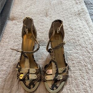 Anne Klein Beige and Black Snake-Print Strappy Heels with Metallic Accents